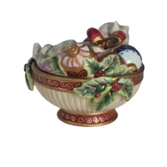 Fitz and Floyd Kristmas Kitty Lidded Box Candy Bowl Trinket Box Christmas - Picture 2 of 7